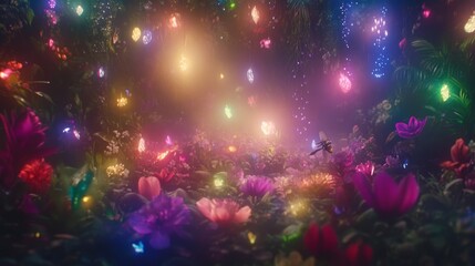 Enchanting Luminescent Garden with Flying Insect