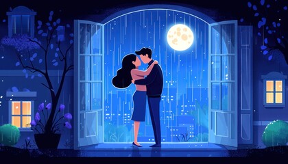 Fototapeta premium Romantic Couple Kissing Under Rainy Night