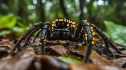 Close-up of a black spider with orange dots on its body, walking on brown leaves in a forest.