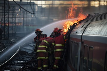 Firefighters work to extinguish flames engulfing a train engine in a European train yard during an emergency response