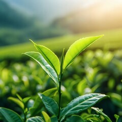 Obraz premium Fresh green tea leaf on bush at tea plantation background