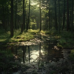 Serene reflections in a tranquil forest pond a high-fidelity nature view