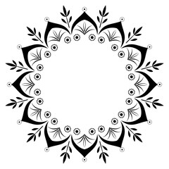 Fantasy boho floral ornament from curved lines. Black mandala vector illustration. Harmonious ornate pattern. Ethnic frame without text. Calm decor for clothes, home, office, stationery