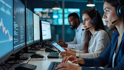 Team Working at Computers with Multiple Screens in Office - Powered by Adobe