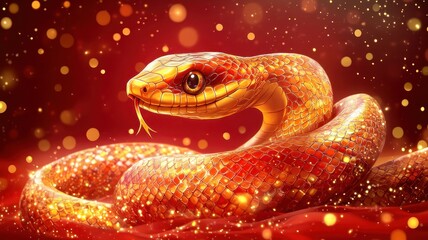 Obraz premium Elegant golden snake symbolizing prosperity chinese new year celebration festive red background artistic view vibrant concept