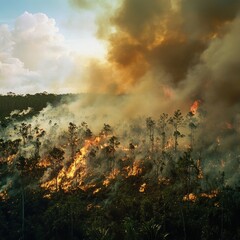 Fototapeta premium High fidelity aerial view wildfires raging across forests and their environmental effects