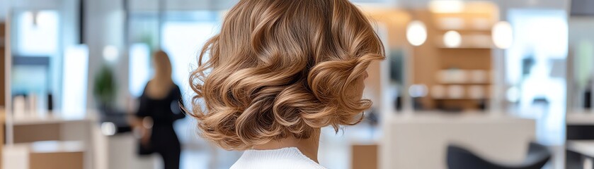 Fototapeta premium A curly wig styled in voluminous spirals, deep mahogany shade, displayed on a modern pedestal in a luxury showroom