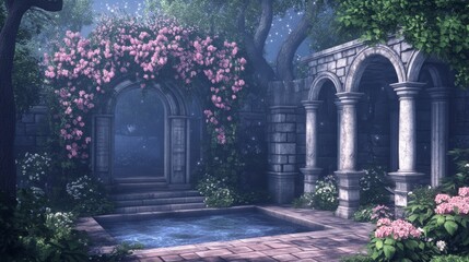 Obraz premium Enchanting Moonlit Garden with Roman Arches and Pool