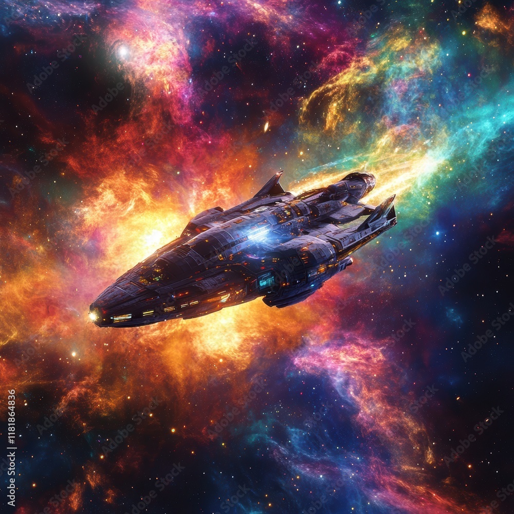 Poster spaceship soars through colorful nebula a dynamic gigapixel art perspective in outer space