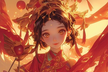 cute Asian child, with sparkling eyes, dressed in a traditional red New Year outfit , holding a bright red lantern in one hand , Lunar New Year , Spring Festival , Chinese New Year