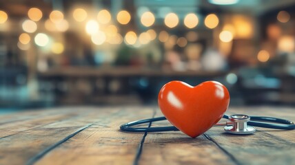 Promote health awareness red heart stress ball image in cozy medical environment, close-up view for stress relief
