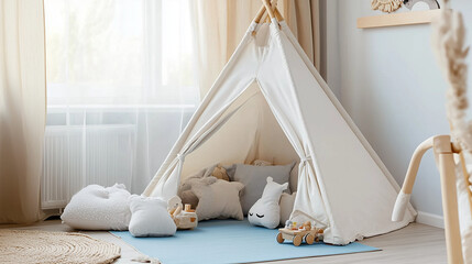 A cozy and playful children's bedroom featuring a teepee, soft pastel colors, natural fabrics, and wooden toys, creating a serene and stimulating environment for little ones. Scandinavian-inspired int