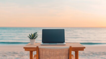 Serene Beachside Workspace Overlooking Ocean at Sunset