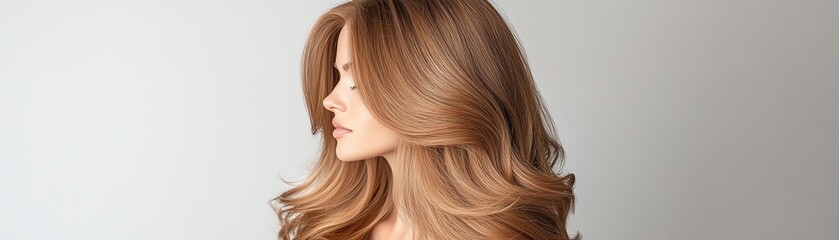 Naklejka premium A luxurious wig styled in cascading waves, chestnut brown with subtle highlights, showcased on a minimalist stand