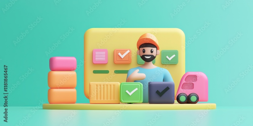 Poster cargo management shipping optimization concept. 3d illustration of a warehouse worker with colorful 