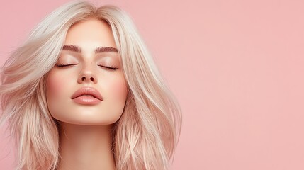 Fototapeta premium A mannequin head with a blonde balayage wig, styled in elegant waves, placed against a muted pastel background