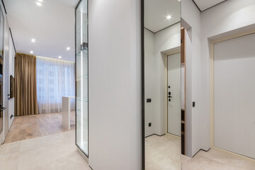 Entrance hall with a large mirror in the studio apartment, decorated in white. Passage to .the living room.