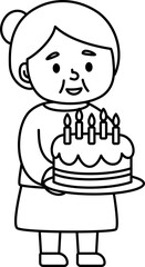 Senior woman holding a birthday cake with candles. Grandma Birthday. Simple line drawing, perfect for birthday, celebration. 