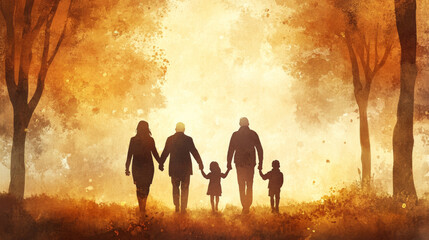 Fototapeta premium family walking hand in hand through golden autumn landscape, surrounded by trees. warm colors evoke sense of togetherness and joy
