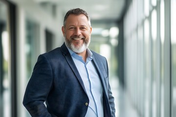 Fototapeta premium Professional man smiles confidently in modern office hallway during daytime