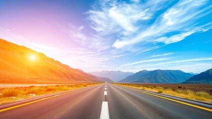 Naklejka premium Empty Asphalt Road to Green Mountains - Scenic Blue Sky
