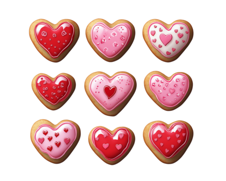 6 heart-shaped cookies decorated with pink and red icing, transparent background