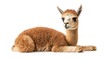 Fototapeta premium Brown baby alpaca lying down, isolated on white.