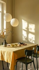 A cozy dining area is adorned with a butter yellow tablecloth, featuring elegant dishes and a soft floral arrangement. Gentle sunlight casts beautiful shadows, enhancing the calm ambiance
