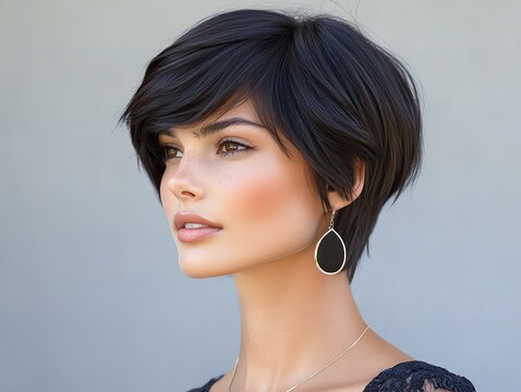 A sleek synthetic wig in glossy black, styled in a modern pixie cut, displayed on a polished metal mannequin