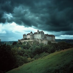Naklejka premium High fidelity imagery of a castle amidst stormy skies - aerial view