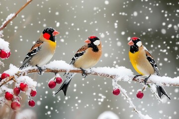 Beautiful Winter Scene with European Finch Birds and Heavy Snowfall
