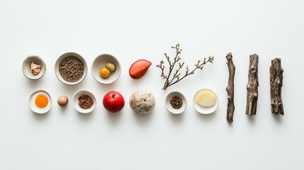 Collection of various ingredients arranged on a white surface.