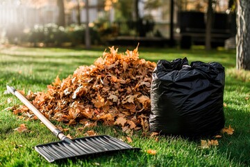 Autumn leaves create a vibrant garden scene with raking and bagging activity at sunset