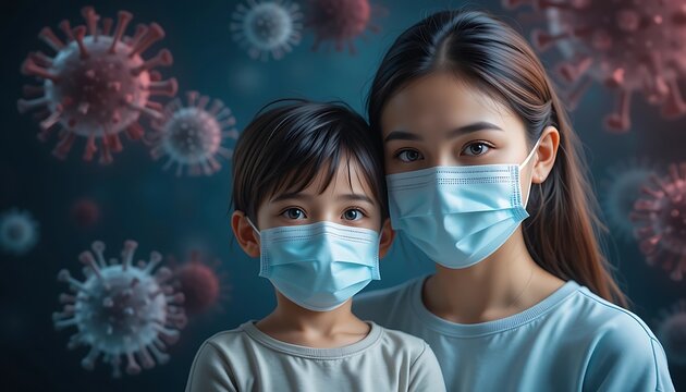 Mother and child wearing protective masks during pandemic