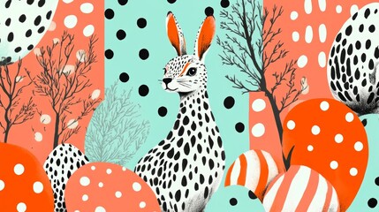 Retro-inspired Easter design featuring polka dots and pastel motifs reminiscent of vibrant 1960s artwork