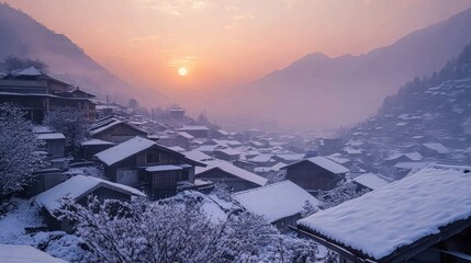 Watching the Lunar New Year sunrise from a serene mountain village, snow-covered rooftops, peaceful aura