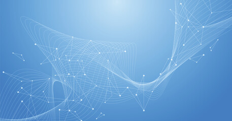 Lines connected to dots on blue background. Internet network connection design for website, communication, science, Digital futuristic Earth minimalist background.background.