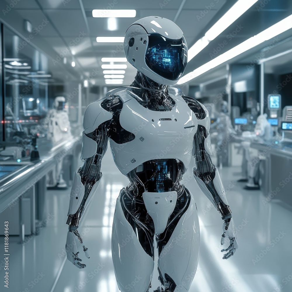 Poster close-up of a futuristic robot in a high-tech sci-fi laboratory environment