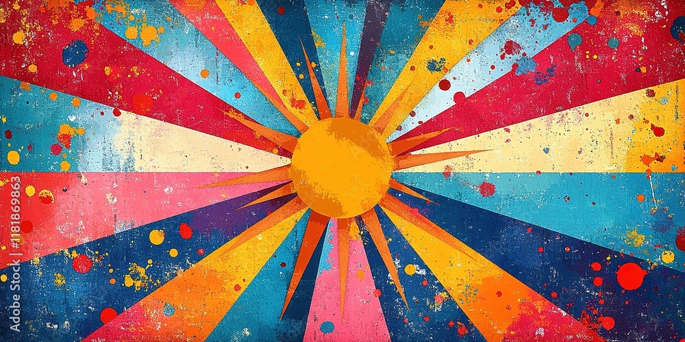 Poster colorful abstract rays with a bright sun at the center created with vibrant splashes of paint and ge