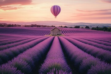 Fototapeta premium Beautiful Lavender Field in Provence with Shed and Hot Air Balloon at Sunrise 