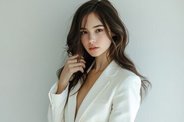 Young woman in white tailored suit posing confidently against gray background