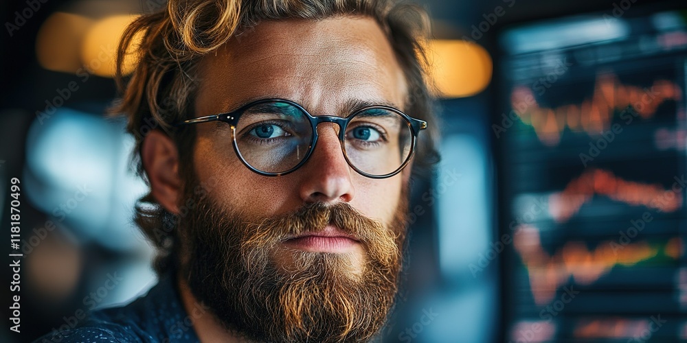 Aufkleber focused trader analyzing financial data with charts in a modern office space during daylight