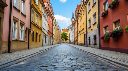 Fototapeta premium Charming Cobblestone Street with Flower-Filled Historic European Townhomes