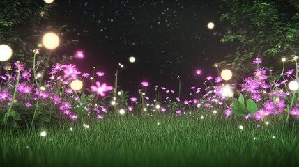 Fototapeta premium Enchanting Night Garden with Glowing Flowers and Fireflies