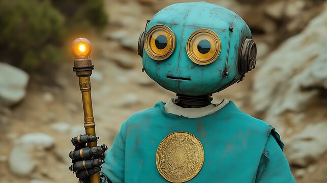 Weathered robot holding glowing staff outdoors.