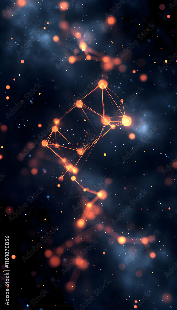Poster abstract cosmic network, glowing nodes connected by lines, resembling dna or neural network, dark ba