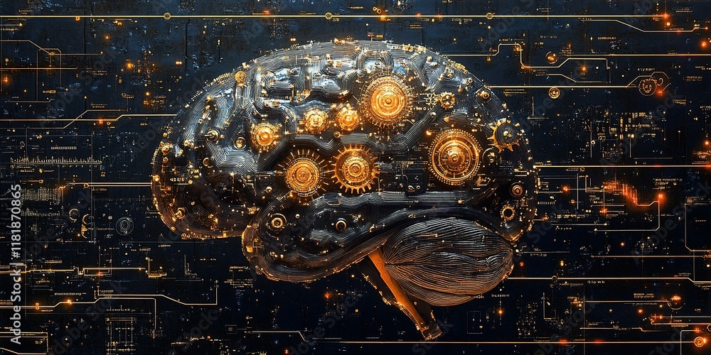 Poster complex machinery embedded within a human brain representation showcasing technology and innovation