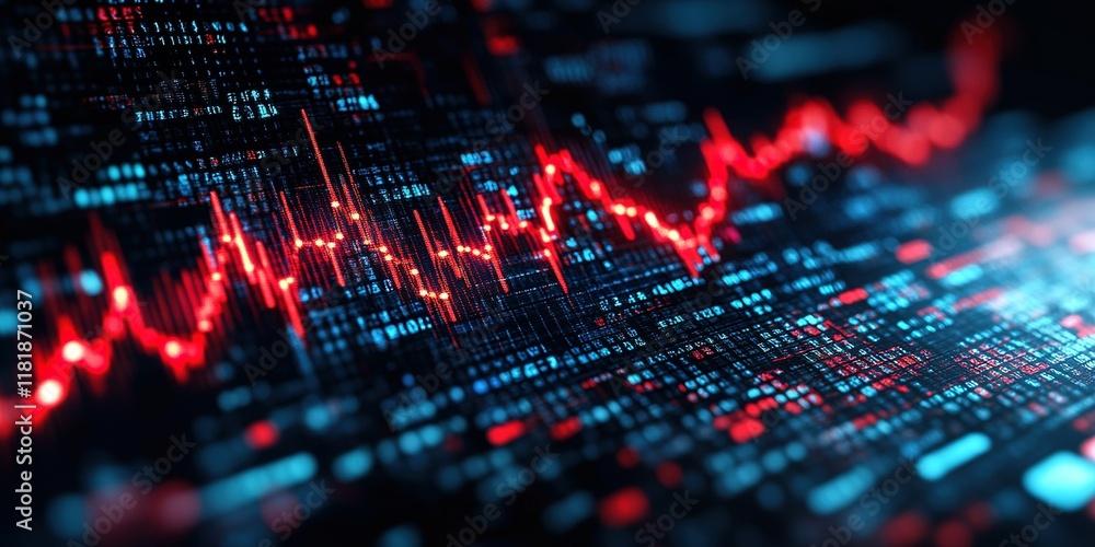 Poster visual representation of data fluctuations in a digital environment with a focus on red and blue lin