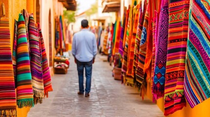 Obraz premium Vibrant Textile Market Street Scene with Colorful Local Wares and Shoppers