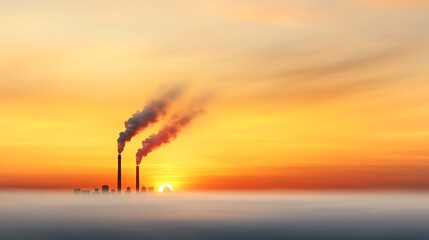 Smoke rising from factory chimneys against an orange sunset copy space pollution theme dramatic double exposure city skyline, ultra-realistic detail, cinematic, 
